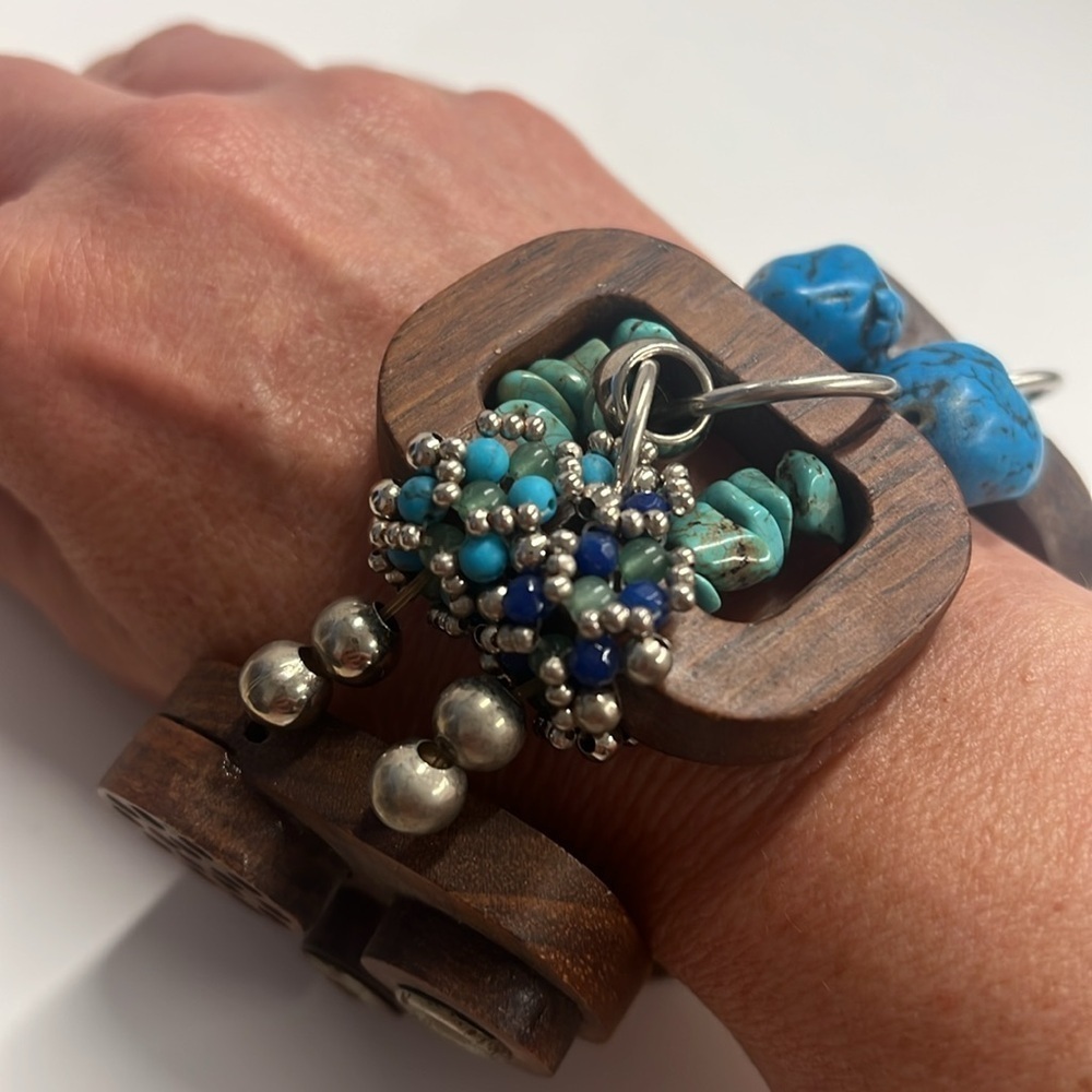 Large Wood Turquoise and Silver Modern Chunky Bracelet